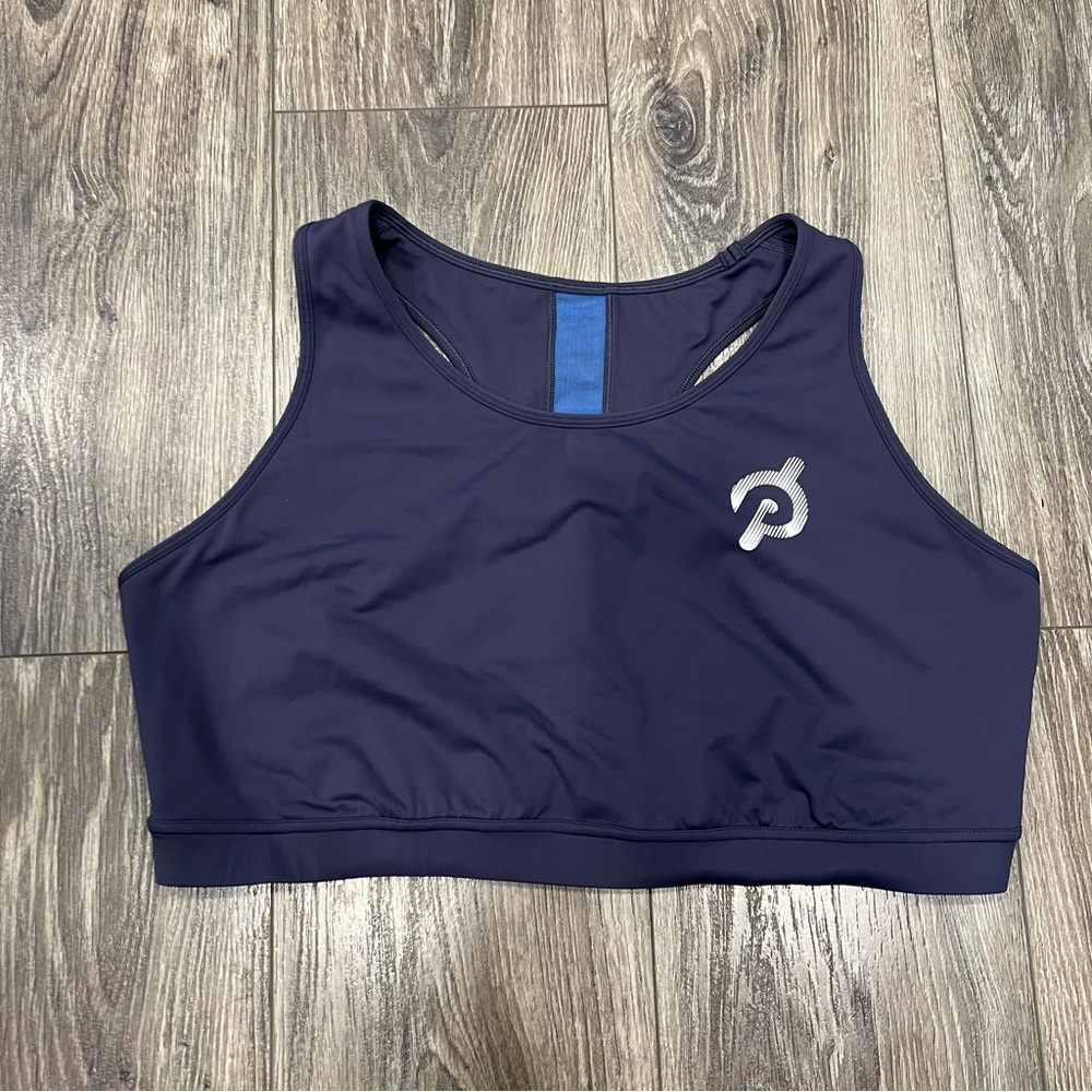 Peloton Logo High Impact Blue Racerback Sports Bra with Mesh accent on back